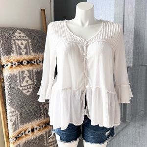 Free People White Flowy 3/4 Flare Sleeves Boho Top Women’s Size Large